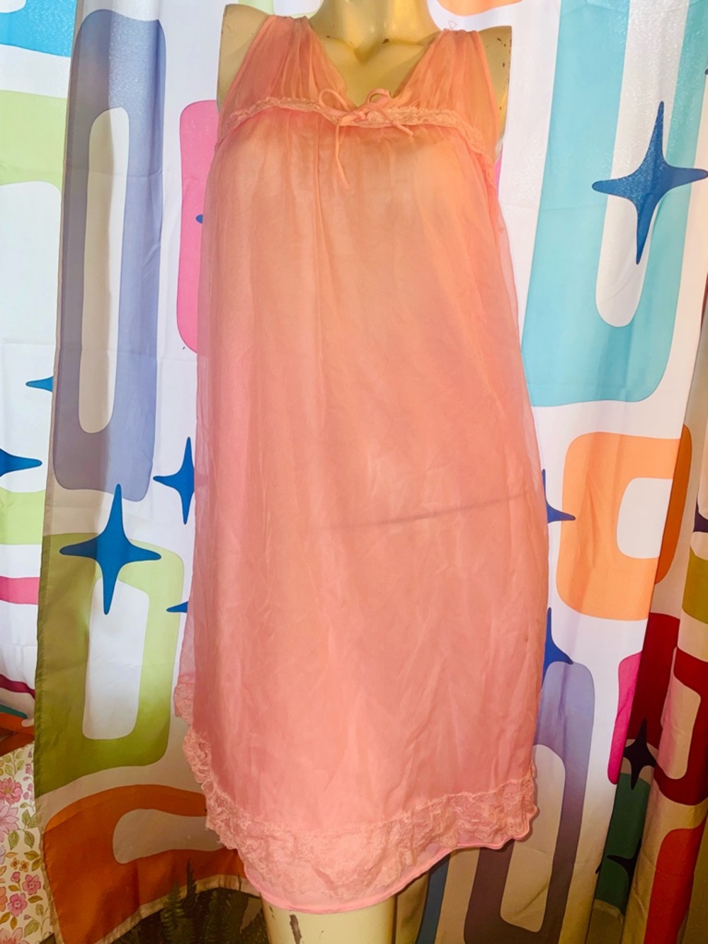 ✨VINTAGE 1960s Sheer  double lined Pink Lace Trim Slip Dress - Women Intimates